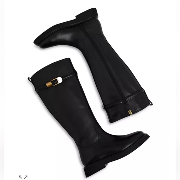 NWT Reiss Black Briony Leather Knee Boots with Gold Buckle - Picture 3 of 13